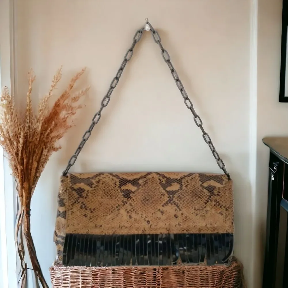Y2K Animal Print Shoulder Bag Handbag Purse Italy Chain Fringe Leather Biker - Picture 1 of 16